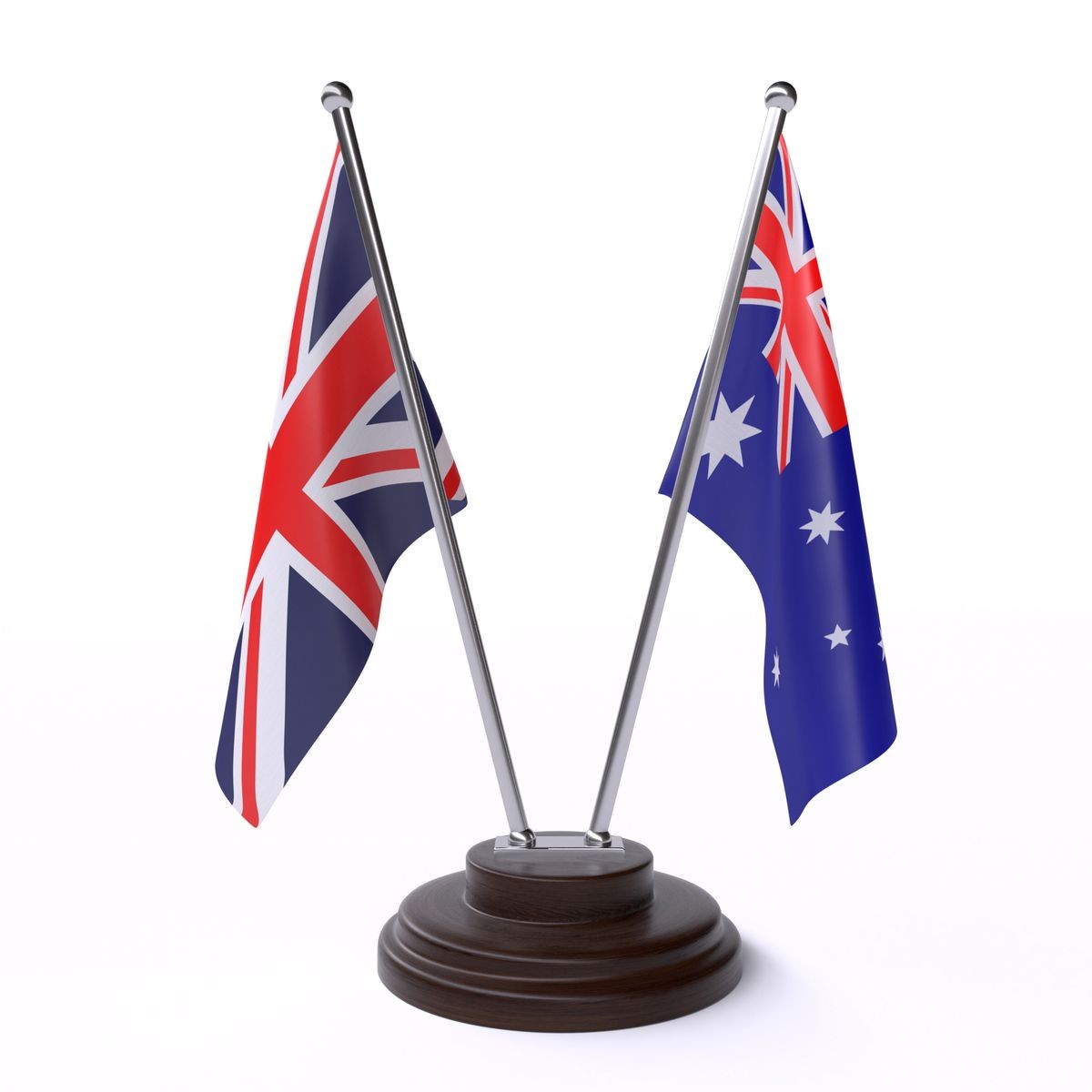  United Kingdom and Australia, two table flags isolated on white background. 3d image